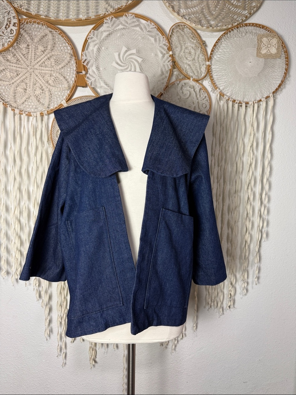 Stephanie Smith Denim Open Front Quarter Sleeve Collared Denim Jacket XL/L